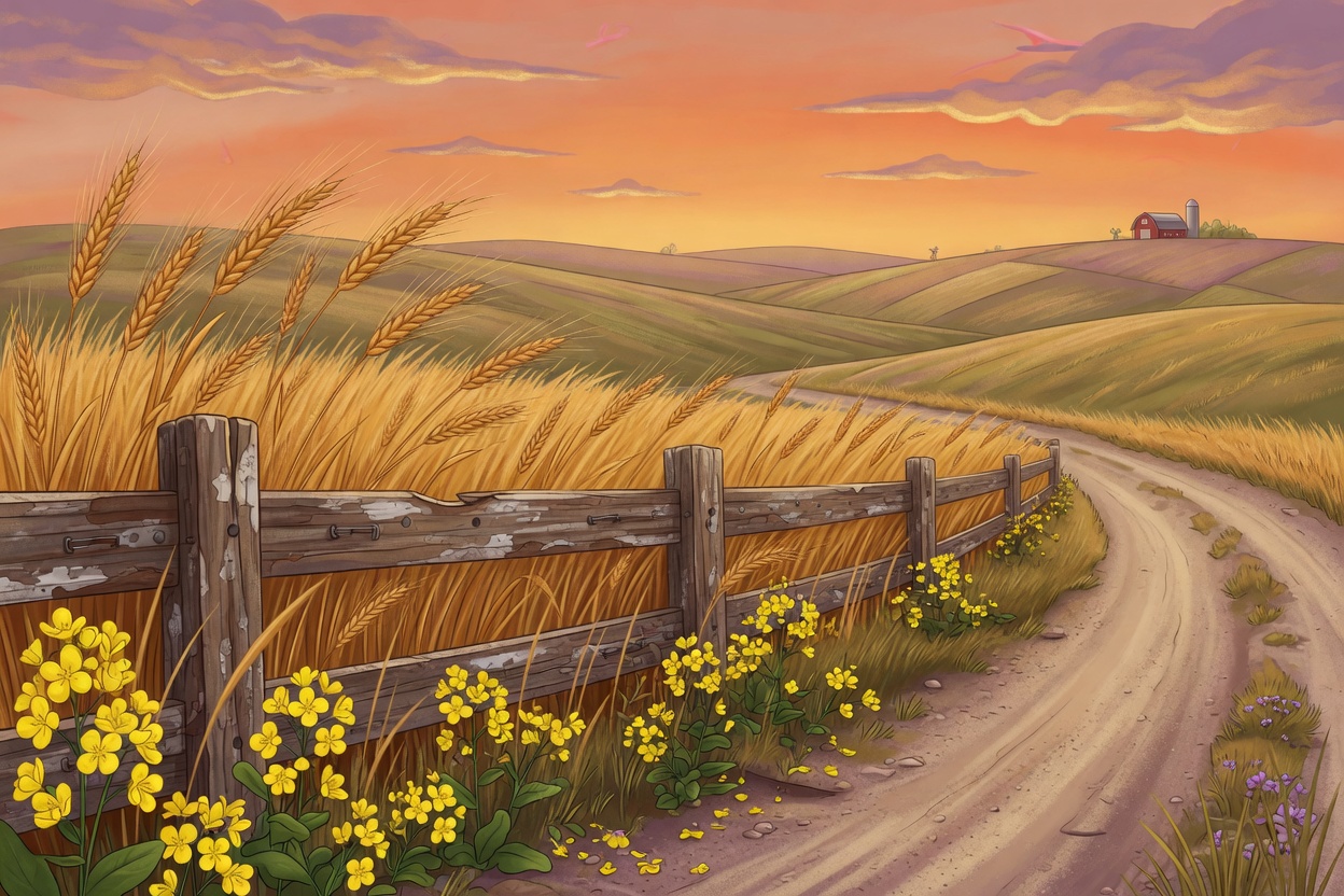 Golden barley, wheat, and canola along a prairie fence line